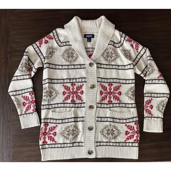 Lands' End Sweater Christmas Cardigan Fair Isle Drifter Shawl Collar Button S - Picture 1 of 6